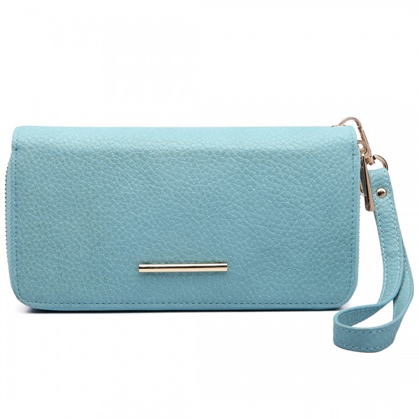 LP6683 - Miss Lulu Women Leather Look Double Zipped Long Purse Light Blue